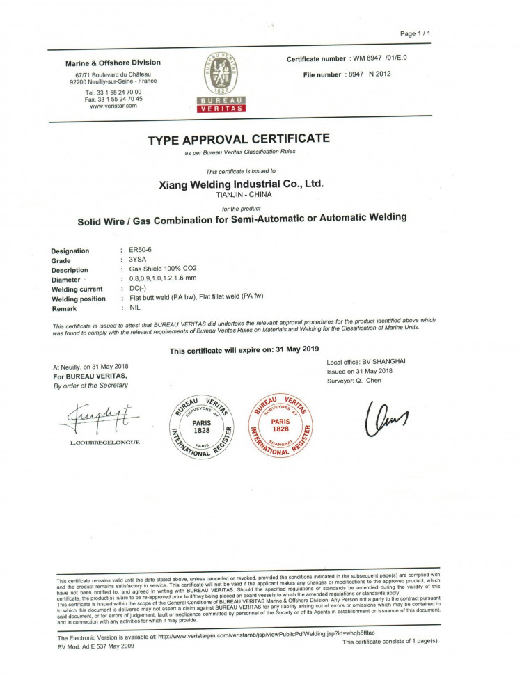 certificates welding wire consumables Xiang Welding Industrial