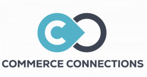 This is the Commerce Connections logo which is shaped with a large hawk flying between two C's that are around the hawk and create an infinity symbol. Beneath the hawk is the stacked term Commerce Connections.