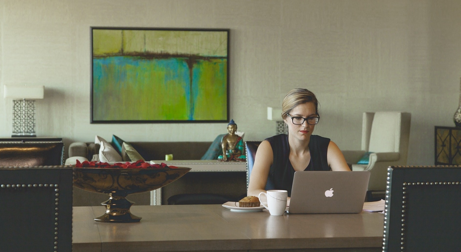 Woman working in harmoniously organized office
