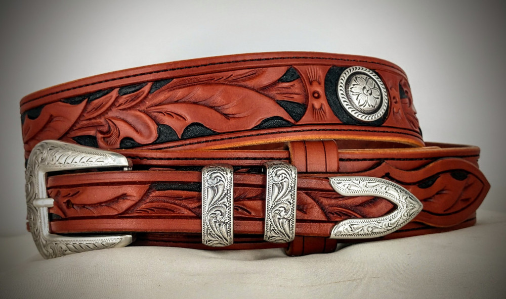 USA Handcrafted Mens Leather Belt Beautiful Western Design Brown