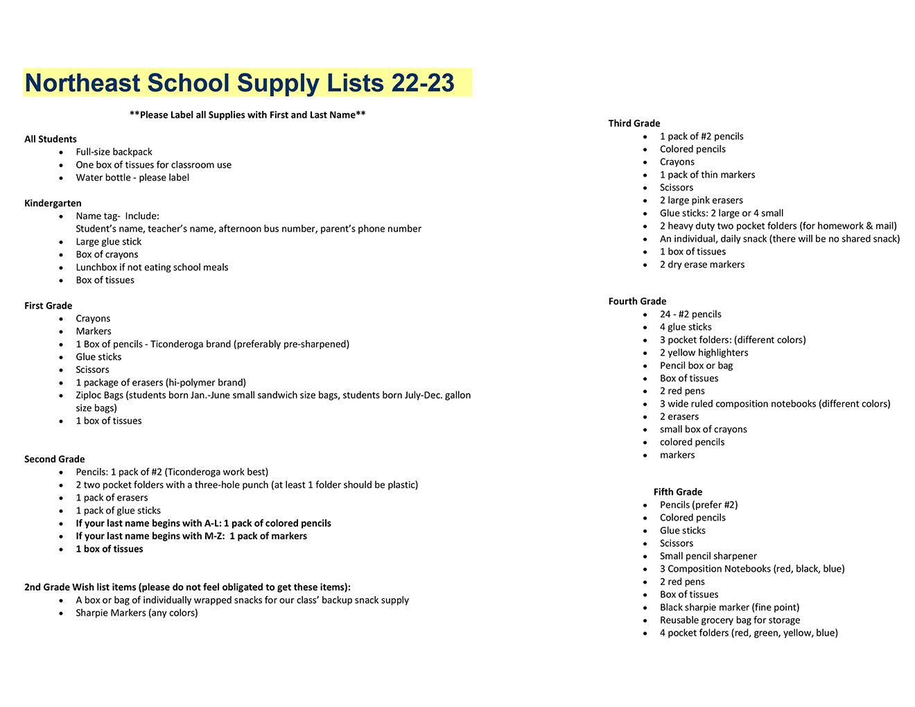School Supply List