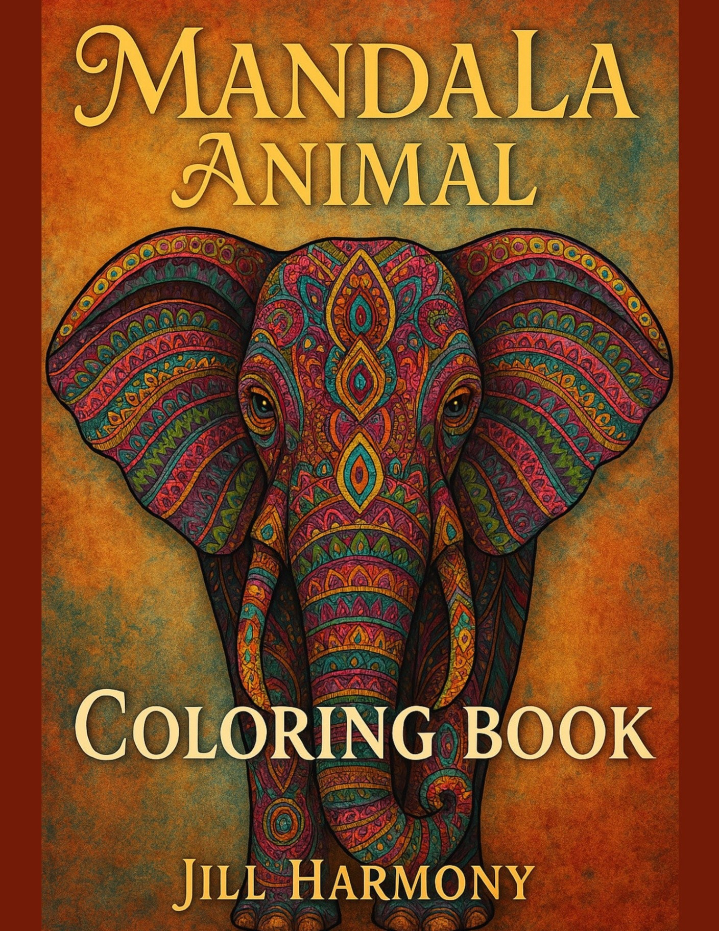 Mandala Animal Coloring Book cover with elephant and zebra line art, designed for adult coloring and stress relief.