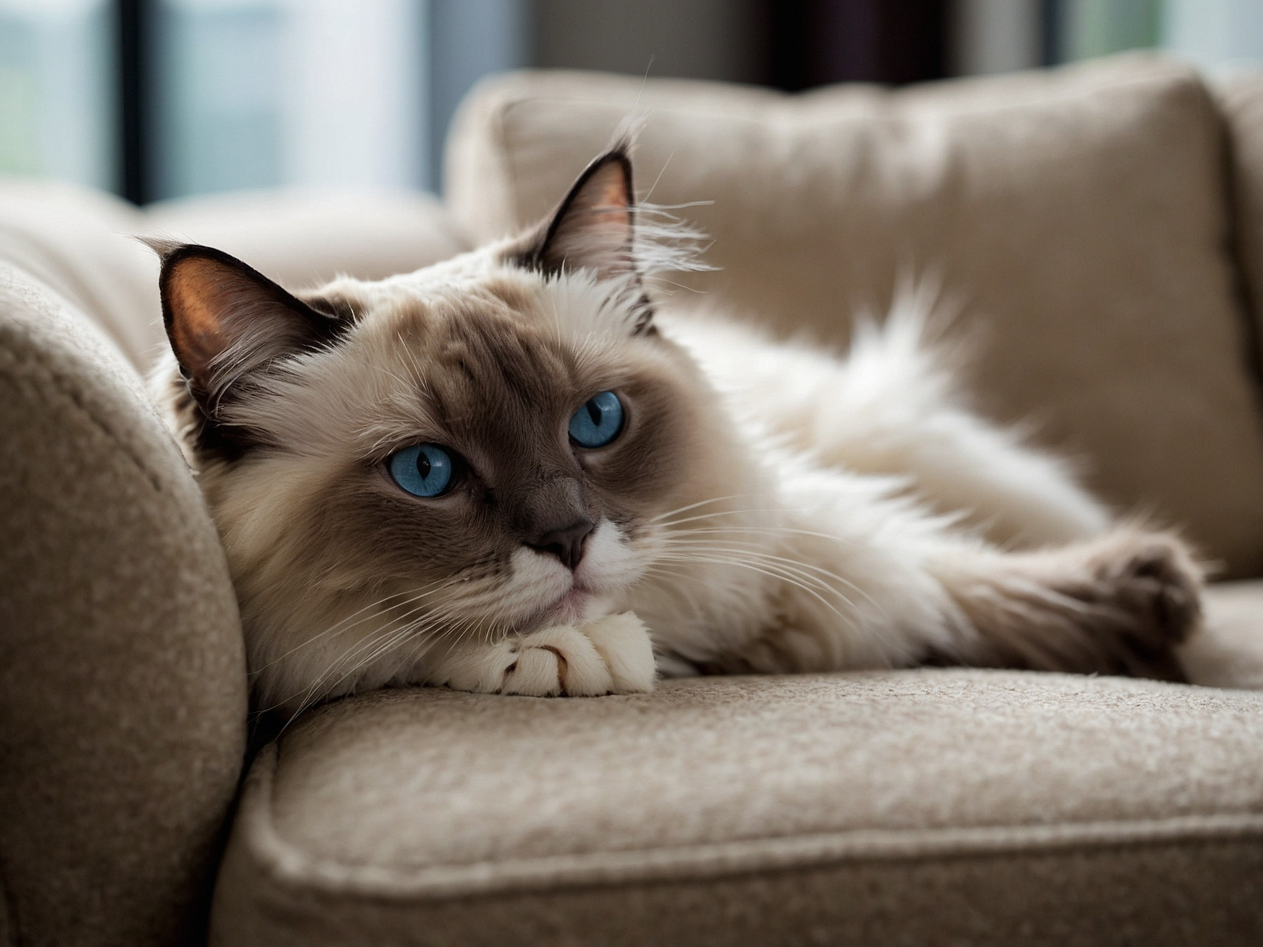a ragdoll cat chilled out on the couch