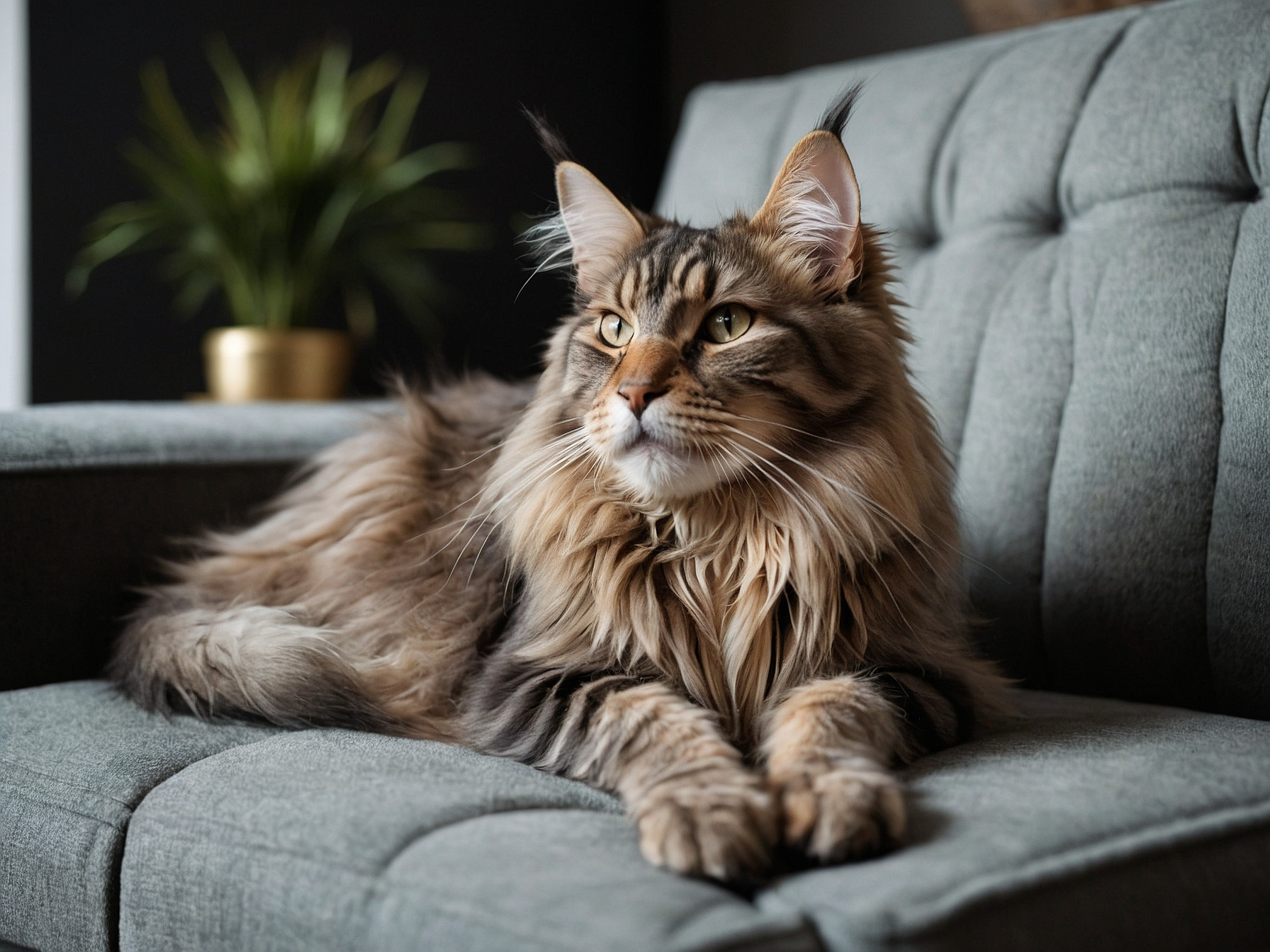 a beautiful maine coon cat chilled out on the couch