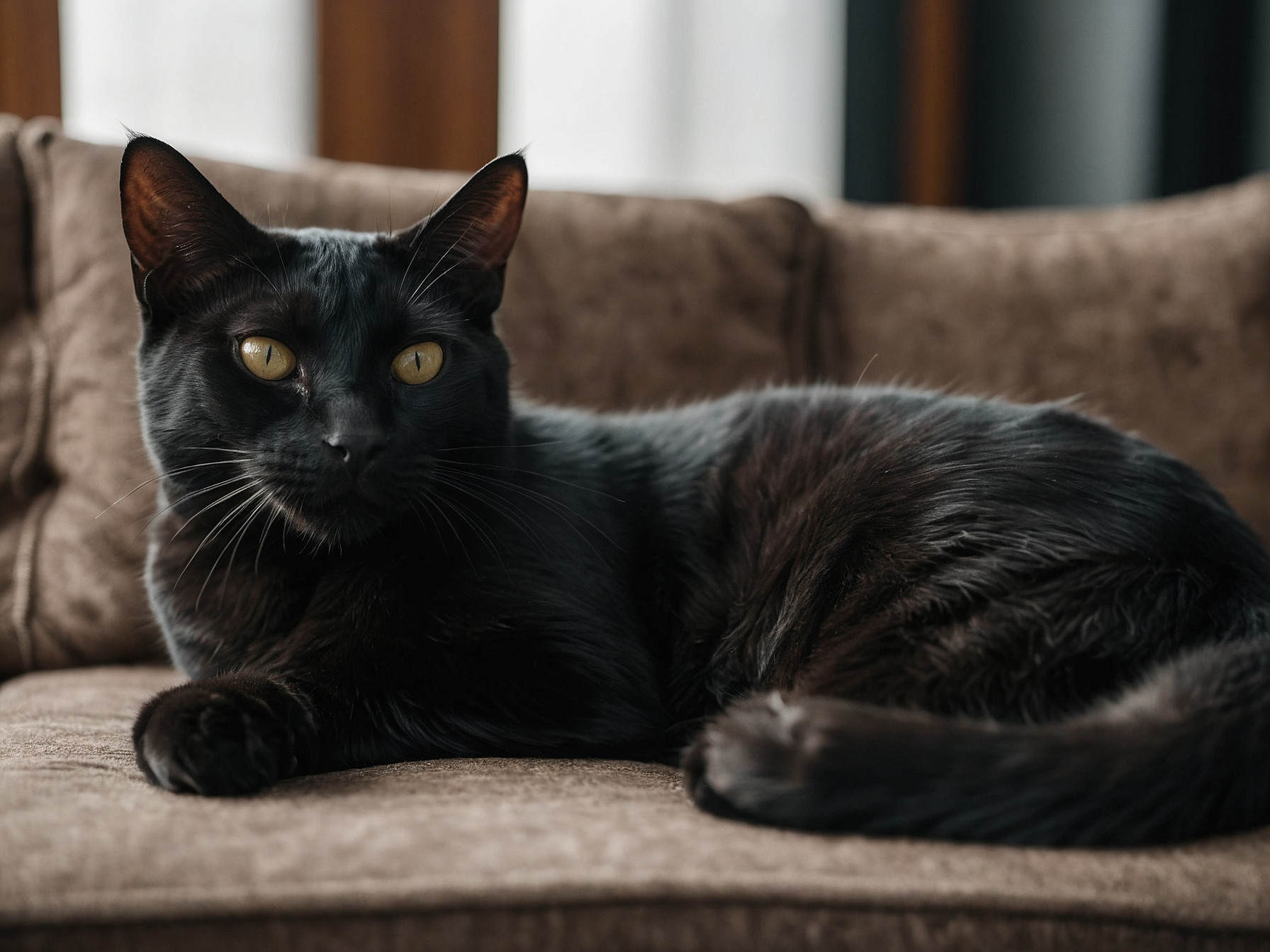 Black Bombay Cat laying on a comfy couch