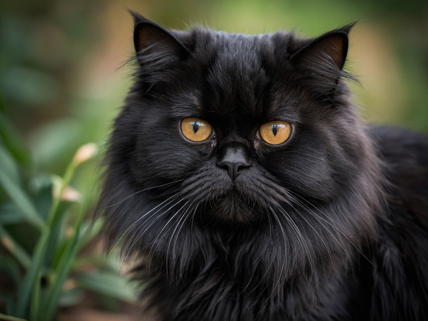 A black Persian cat looking into the camera