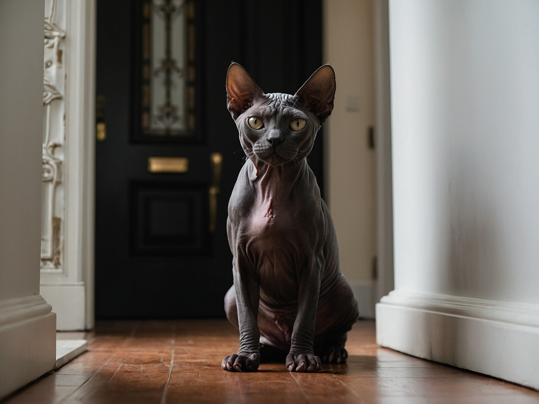 A black Sphynx cat waiting for his hoomin to come home