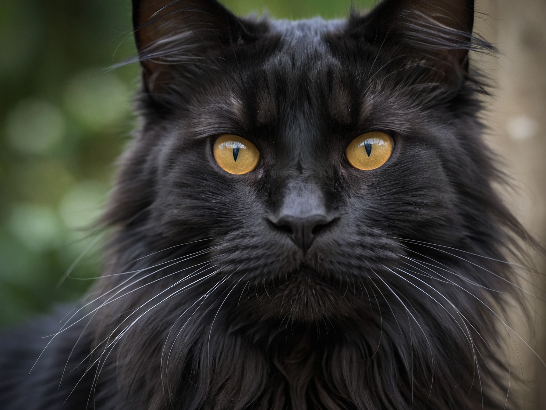 A handsome black maine coon cat face closeup
