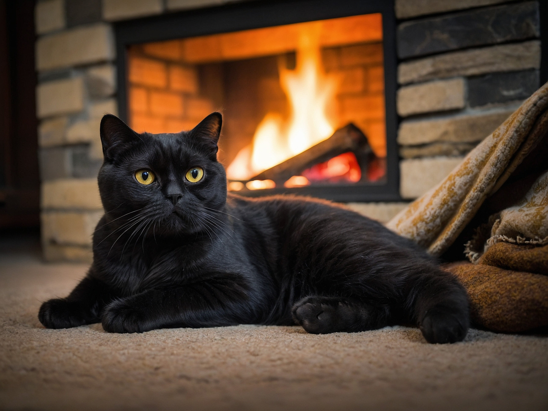 A Black Scottish Fold Cat laying beside the fireplace