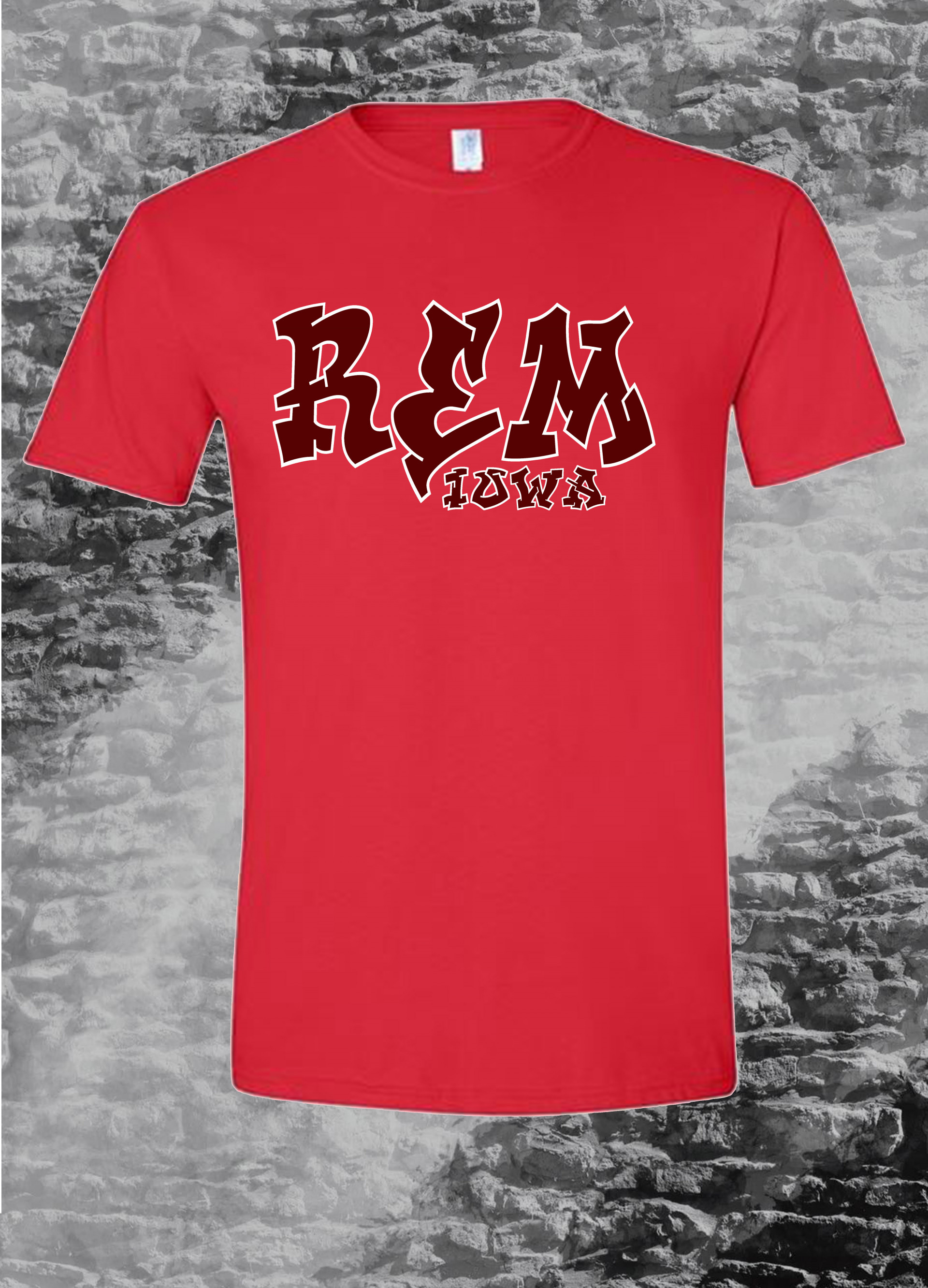 REM Graffiti, Maroon font with white outline