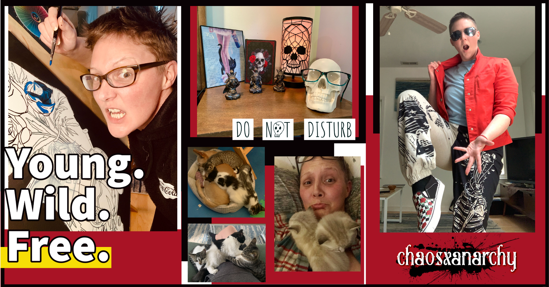 Collage of images of the artist, chaosxanarchy, as well as images of the things about them that make them different.