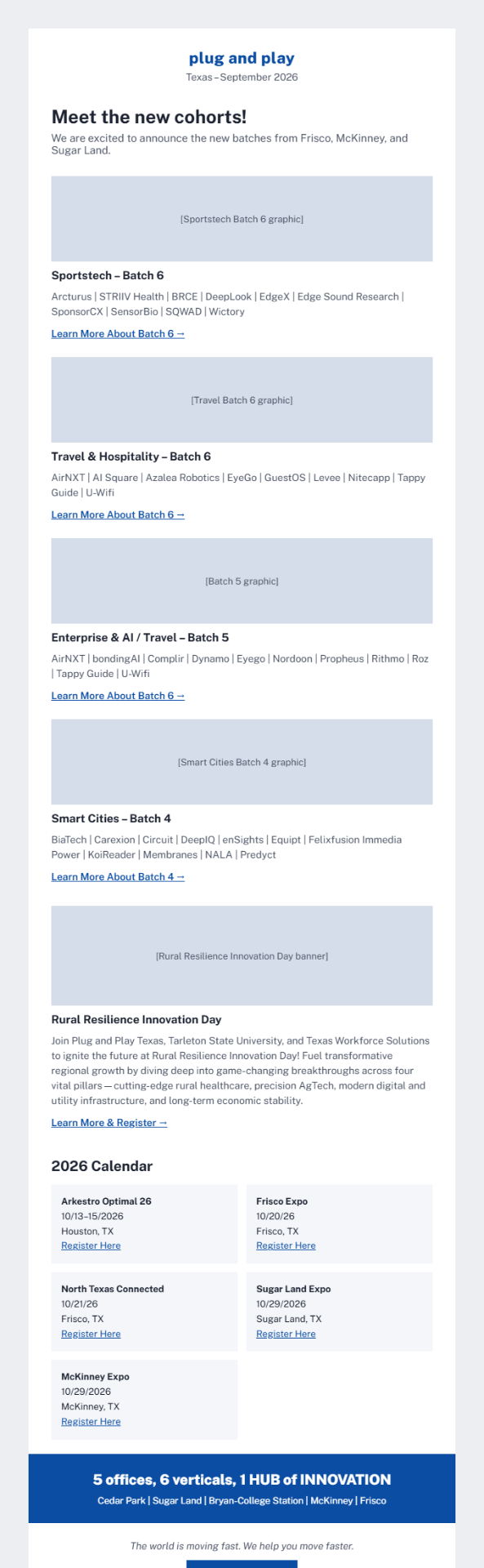 The September 2026 Plug and Play Texas newsletter as sent: cohort name lists, an event promo and a calendar, with no success story, expert content or primary call to action.