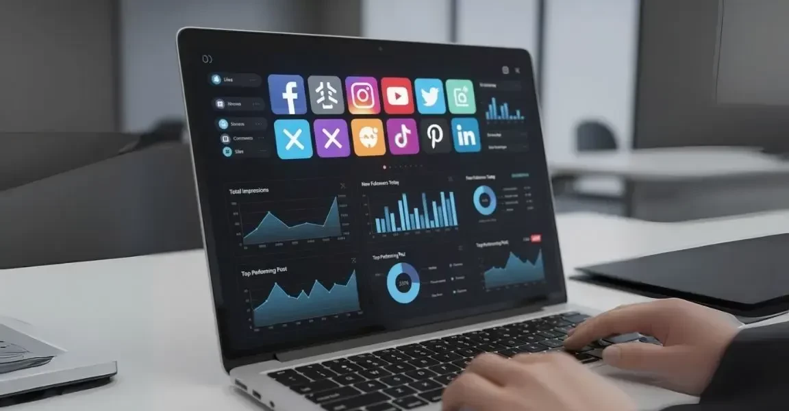 A laptop screen showing various social media logos and data analytics.