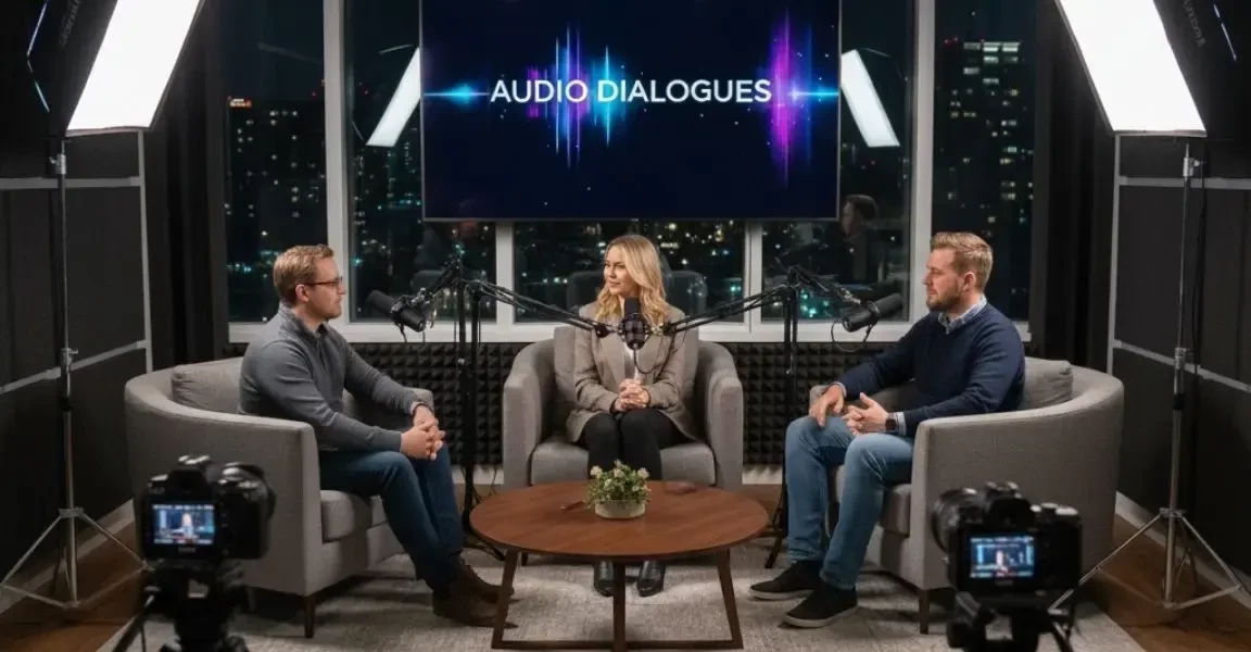 A professional podcast studio setup with microphones, cameras, and lighting.