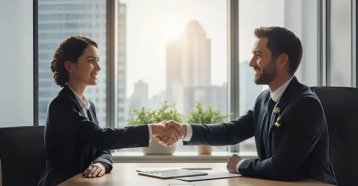 Two business partners shaking hands, symbolizing collaboration.