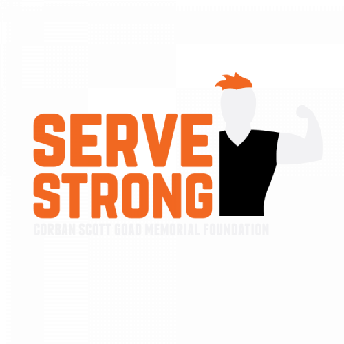 The Serve Strong Corban Scott Goad Memorial Foundation Logo. This logo is black with orange letters with a solid silhouette of a man making a muscle with his left arm 