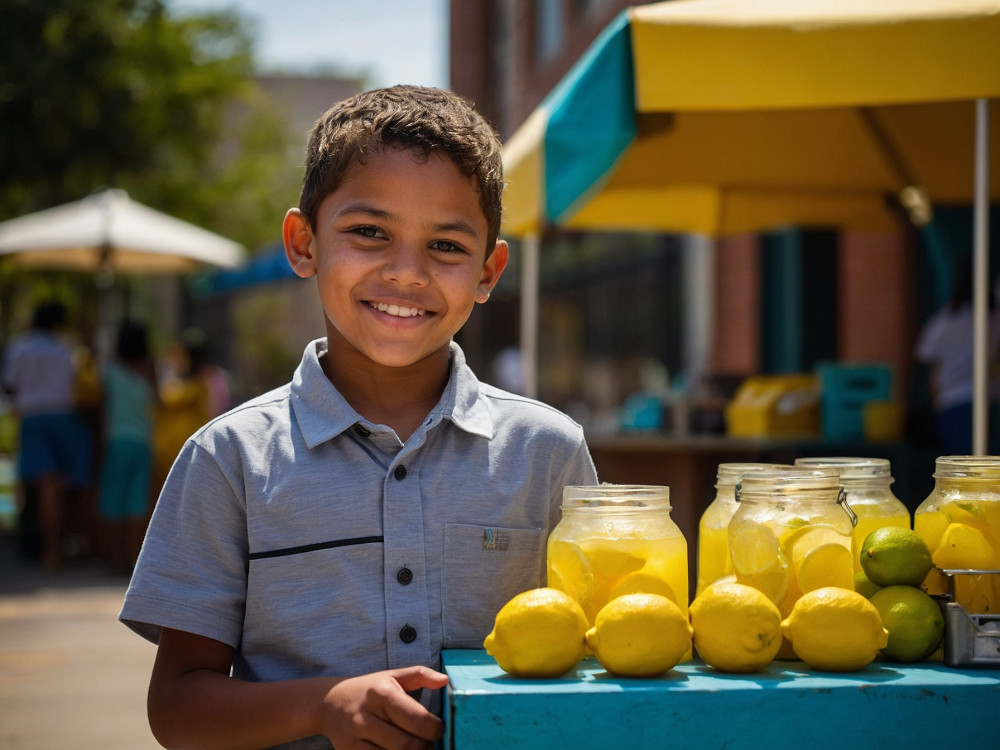 Happy young boy running his own lemonade stand, learning valuable entrepreneurial skills and building confidence