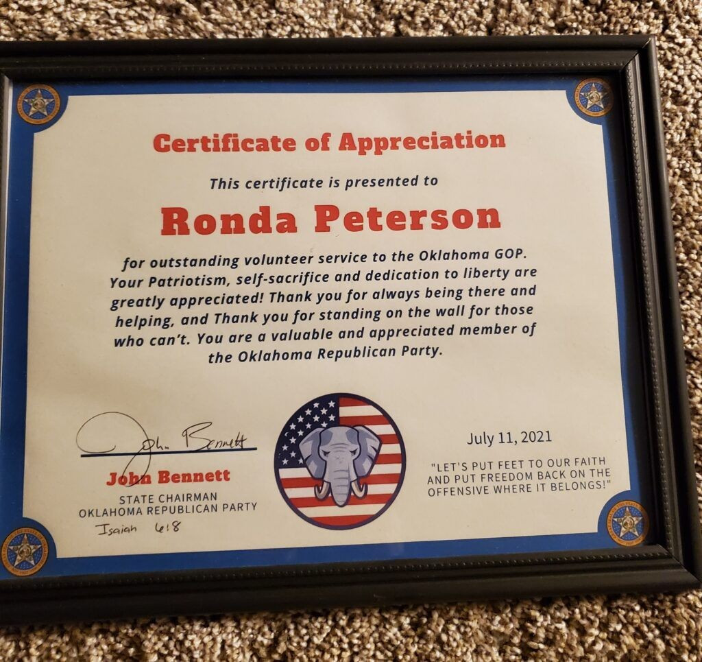 Ronda Peterson Oklahoma GOP volunteer service award