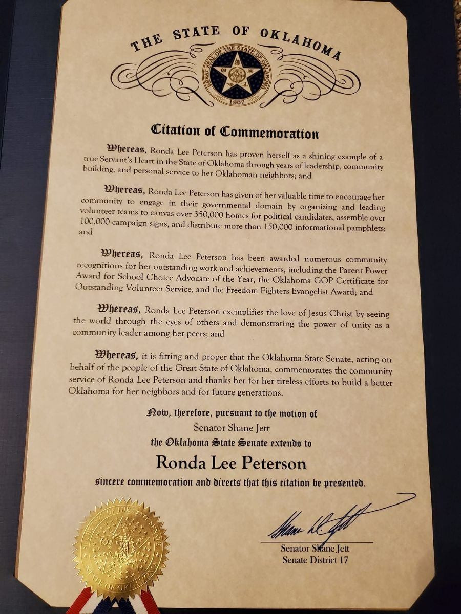 Oklahoma State Senate citation honoring Ronda Peterson