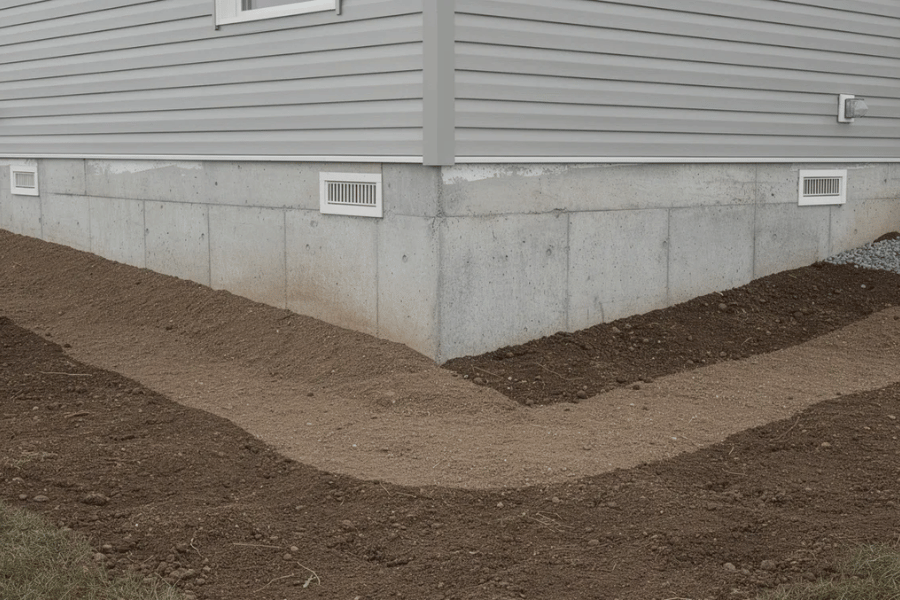 The image shows the exterior of a residential home's foundation, with visible soil and drainage grading around its base. This area is crucial for understanding house settling, as it highlights the soil conditions that can affect the foundation's stability and may lead to potential settling issues, such as minor cracks or uneven floors.