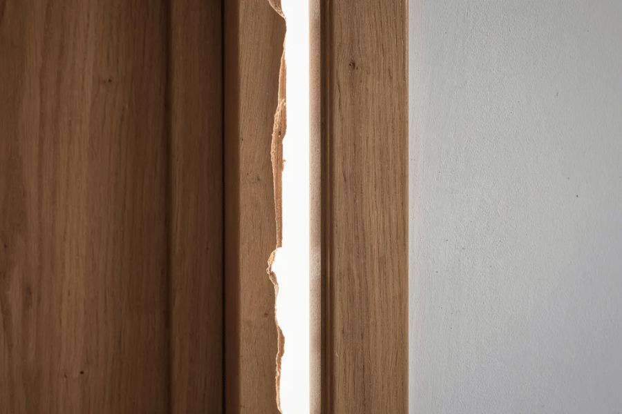 The image depicts a wooden interior door with a noticeable gap between the door frame and the wall, allowing light to filter through the uneven space. This could indicate potential house settling issues, where factors like soil conditions and moisture levels may affect the home's foundation and structural integrity.