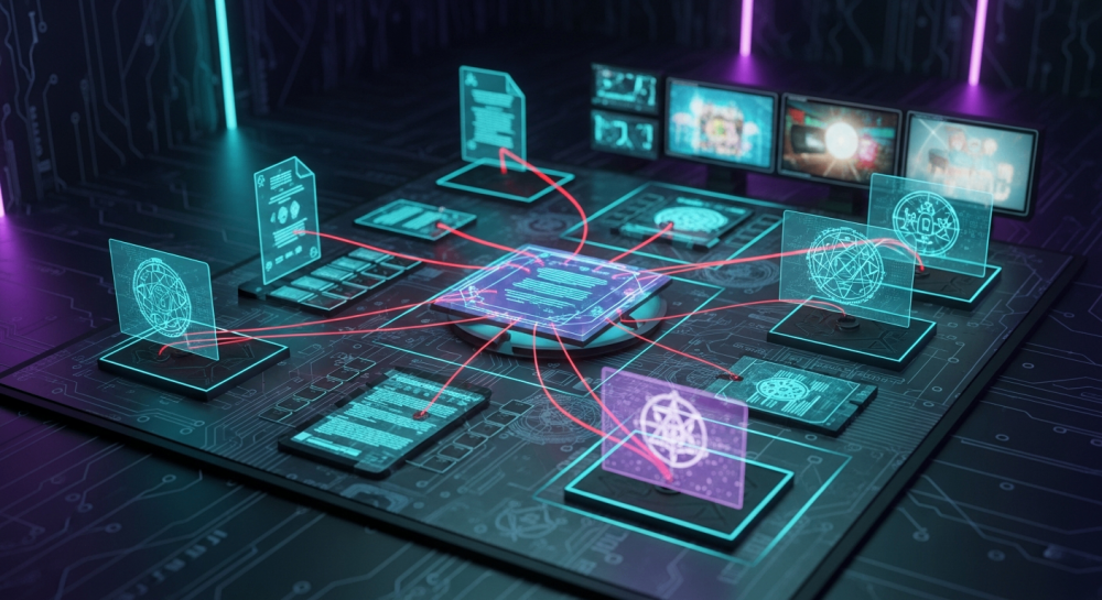 Digital conspiracy board with glowing neon strings