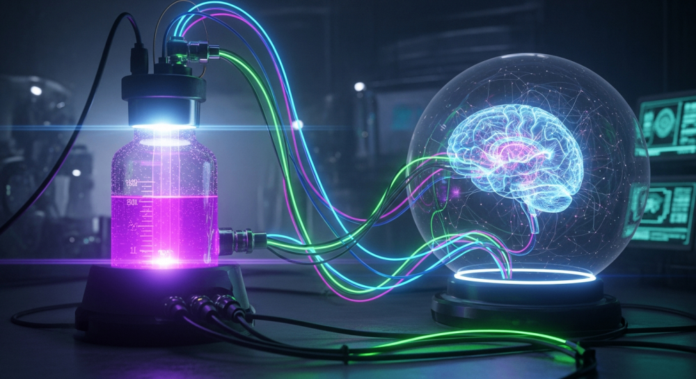 Glowing vial connected to a holographic brain