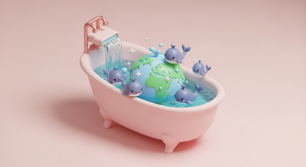 Pastel Earth as a bathtub with whales swimming inside