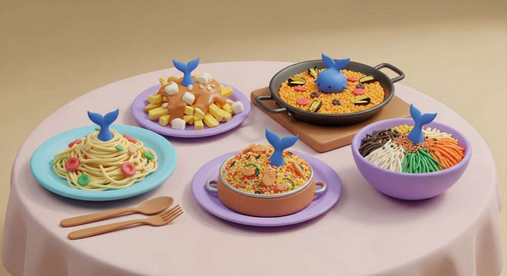 Cozy pastel dinner table with international dishes