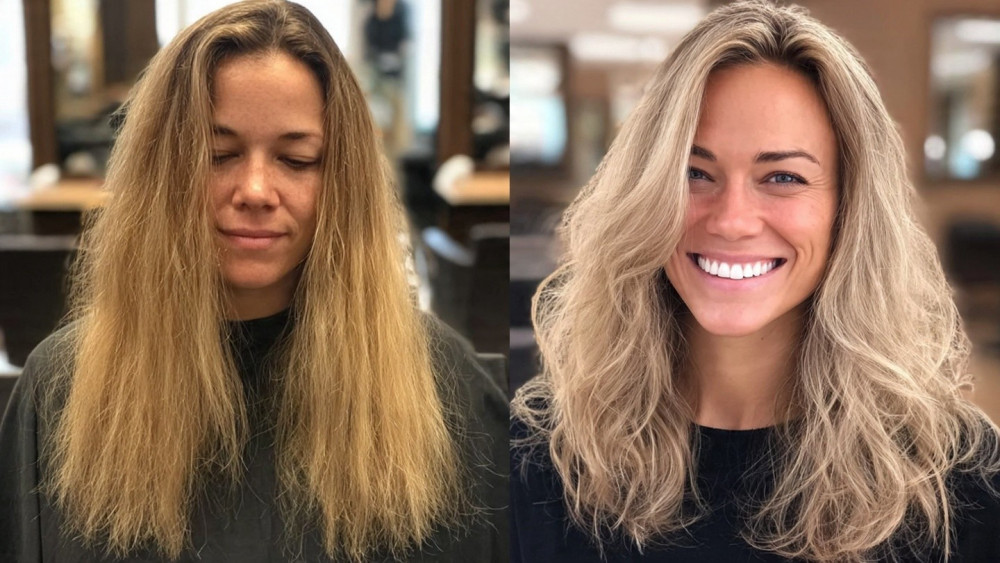 Stunning before and after blonde hair color transformation at Dallas hair salon-Mark Vang Hair Design