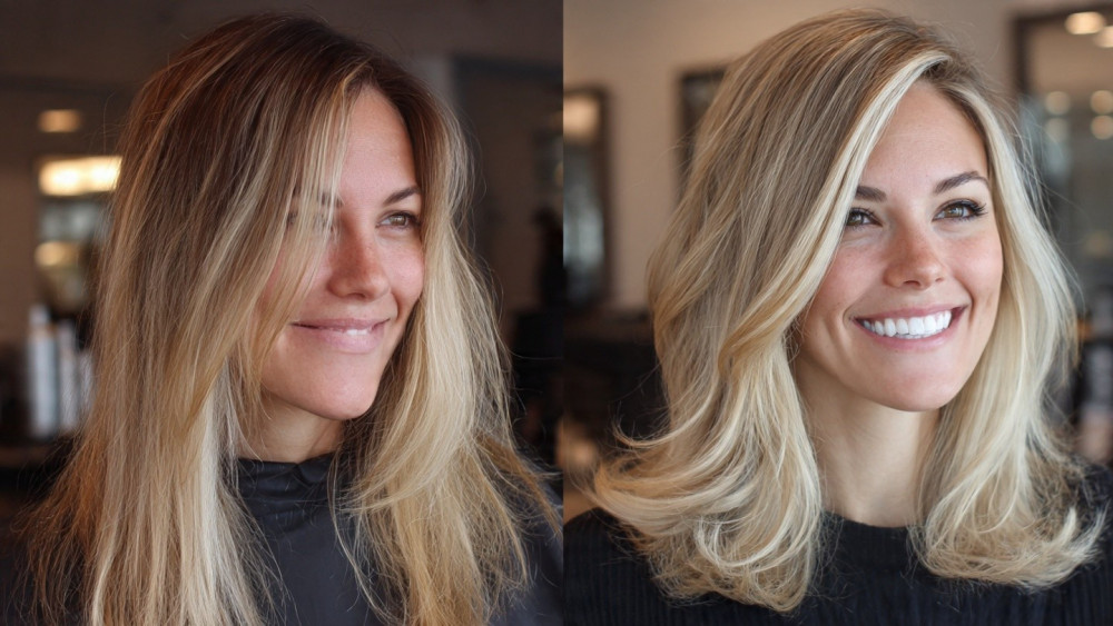 Stunning before and after blonde hair transformation-Mark Vang Hair Design, Dallas TX