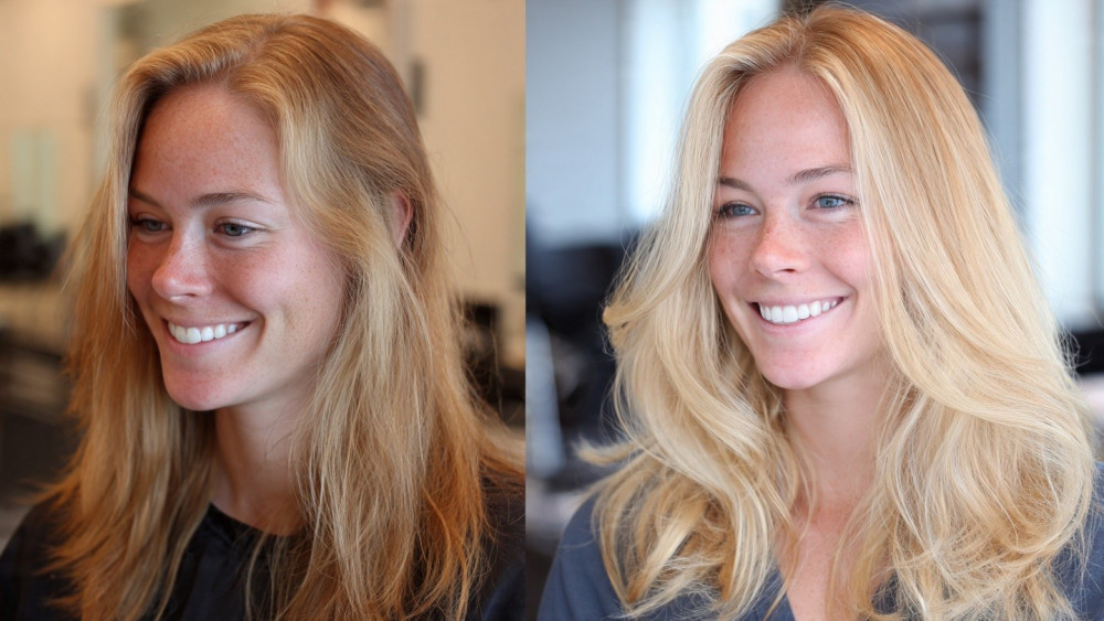 Stunning before and after blonde hair color transformation at Dallas hair salon-Mark Vang Hair Design