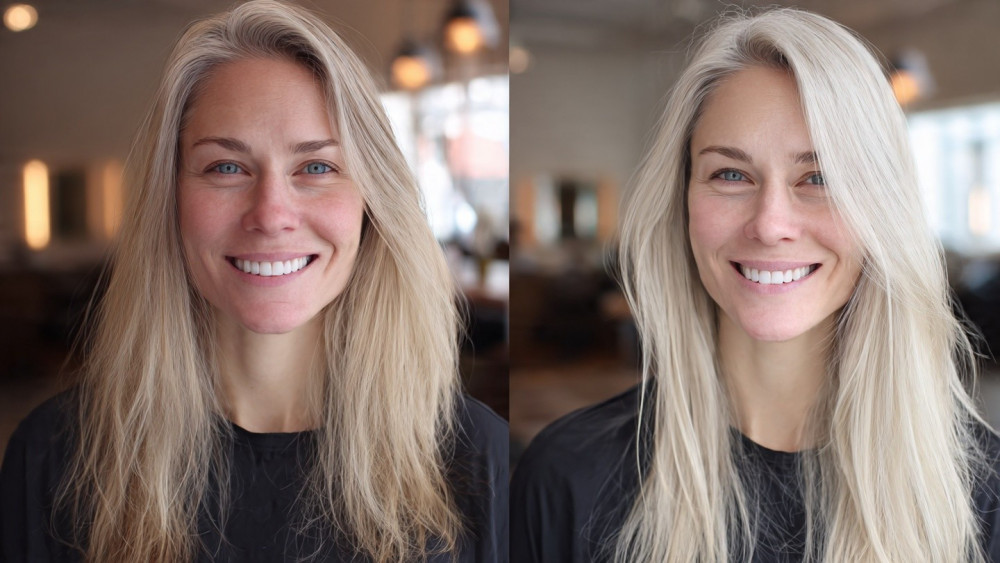 Stunning before and after blonde hair color transformation at Dallas hair salon-Mark Vang Hair Design