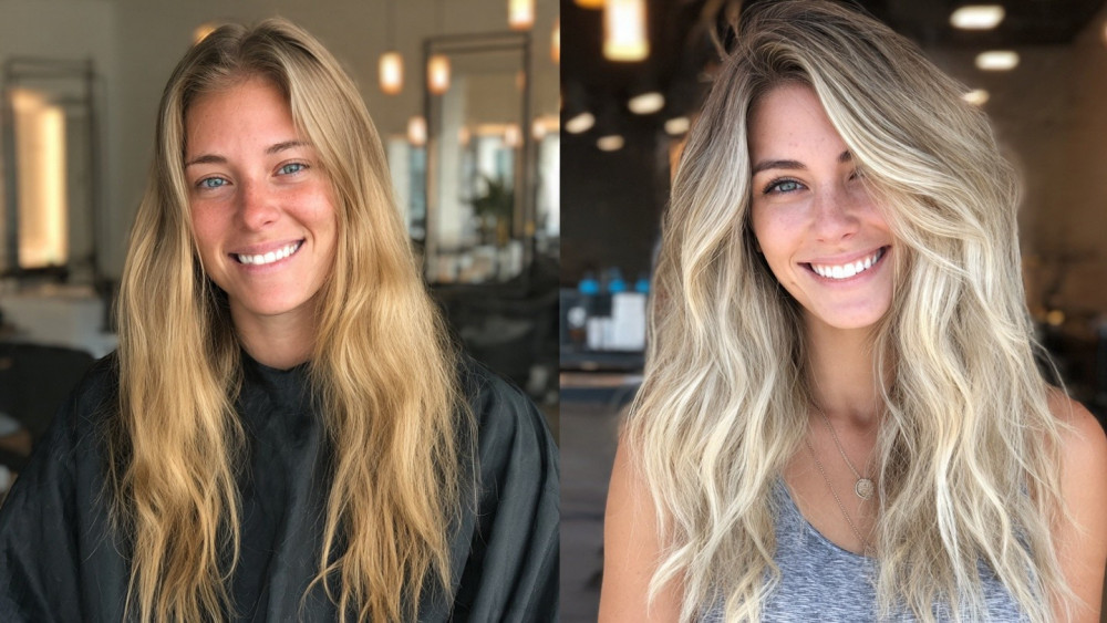stunning before and after blonde hair transformation-Mark Vang Hair Design, Dallas TX