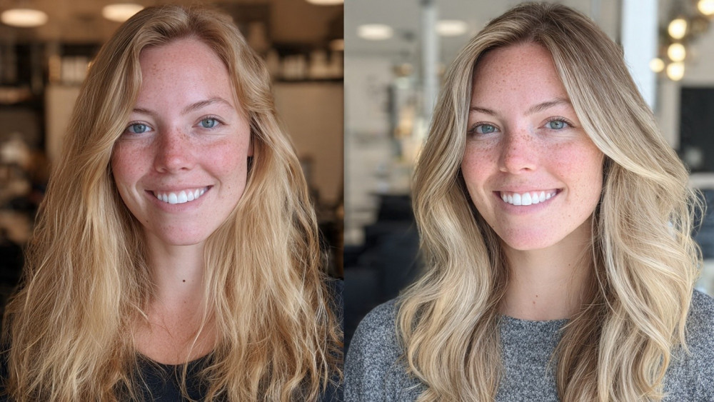 Stunning before and after blonde hair color transformation at Dallas hair salon-Mark Vang Hair Design