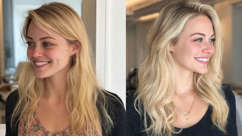 Stunning before and after blonde hair transformation by Mark Vang Hair Design in Dallas, TX