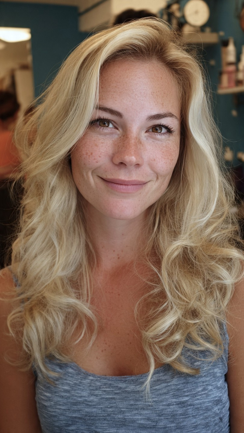Beautiful blonde hair woman smiling at hair salon in Dallas, TX