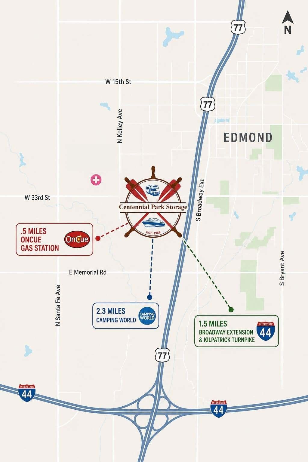 Centennial Park Storage location map near OnCue, Camping World, Broadway Extension and Kilpatrick Turnpike