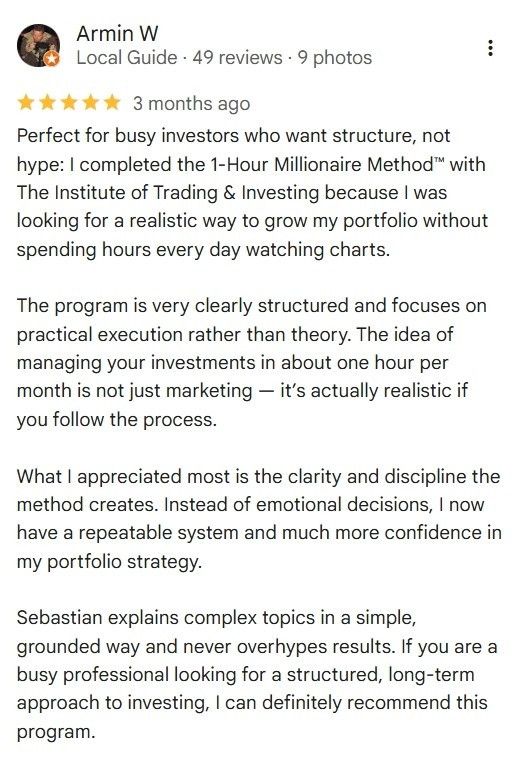 Verified Trustpilot review for The 1-Hour Millionaire - Busy professionals achieving financial freedom with ETFs 4