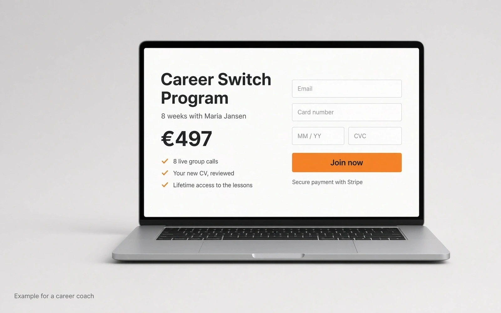 Checkout page for a coaching program on a laptop