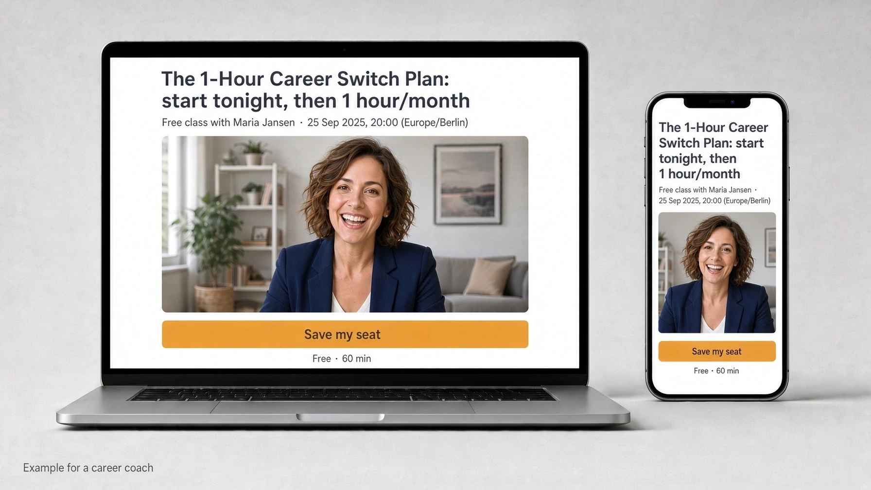Signup page on a phone and webinar room on a laptop, from a done-for-you webinar funnel