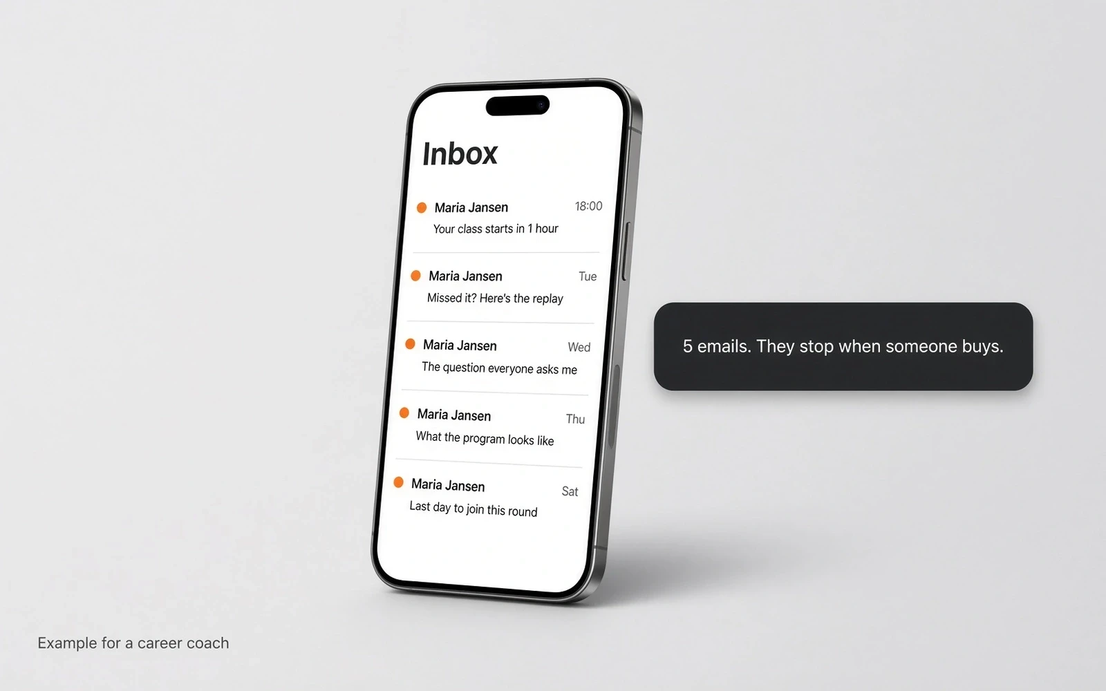 Reminder and follow-up emails from a coach in a phone inbox