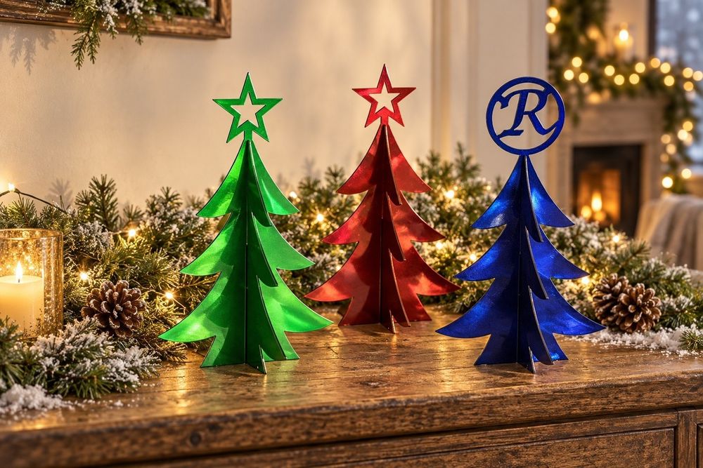 Handcrafted freestanding metal Christmas trees in Evergreen, Holly Berry Red, and Blue Ice