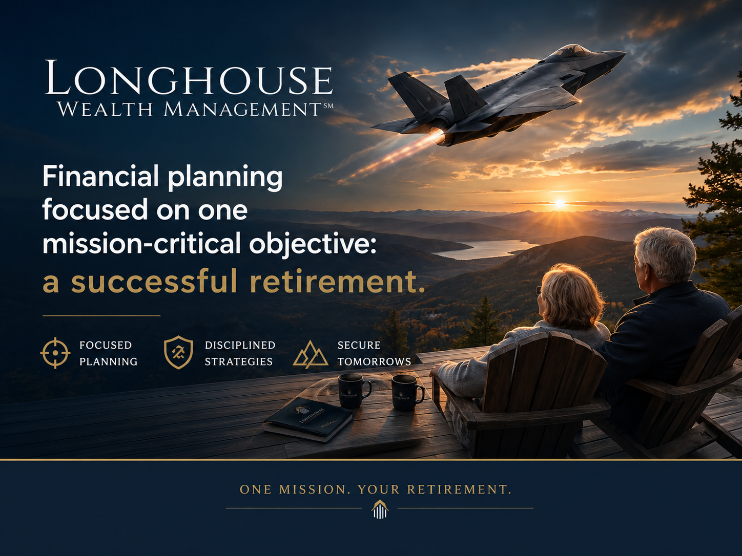 Longhouse Wealth Management retirement planning mission artwork featuring an aerospace aircraft and a retired couple overlooking a mountain landscape
