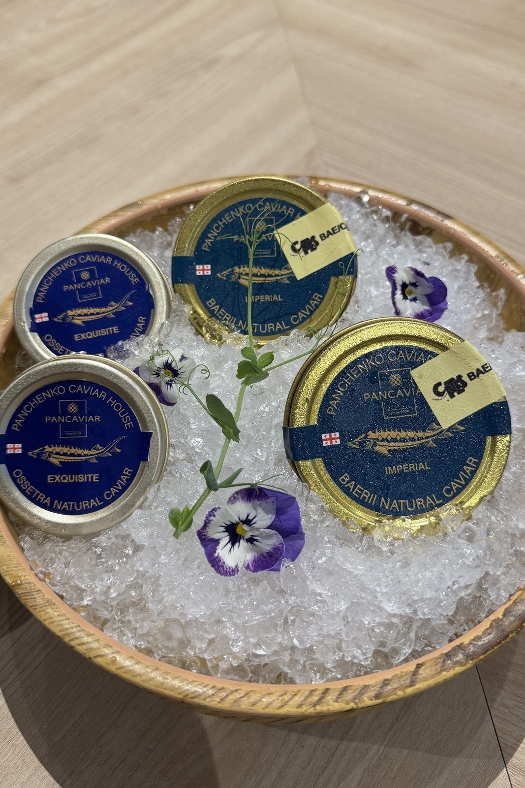 Caviar tins on crushed ice
