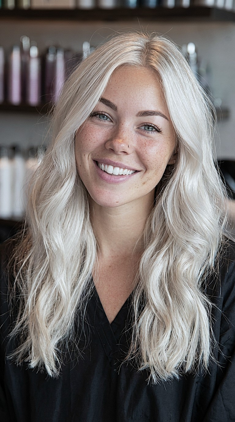 beautiful blonde hair woman smiling at Dallas hair salon