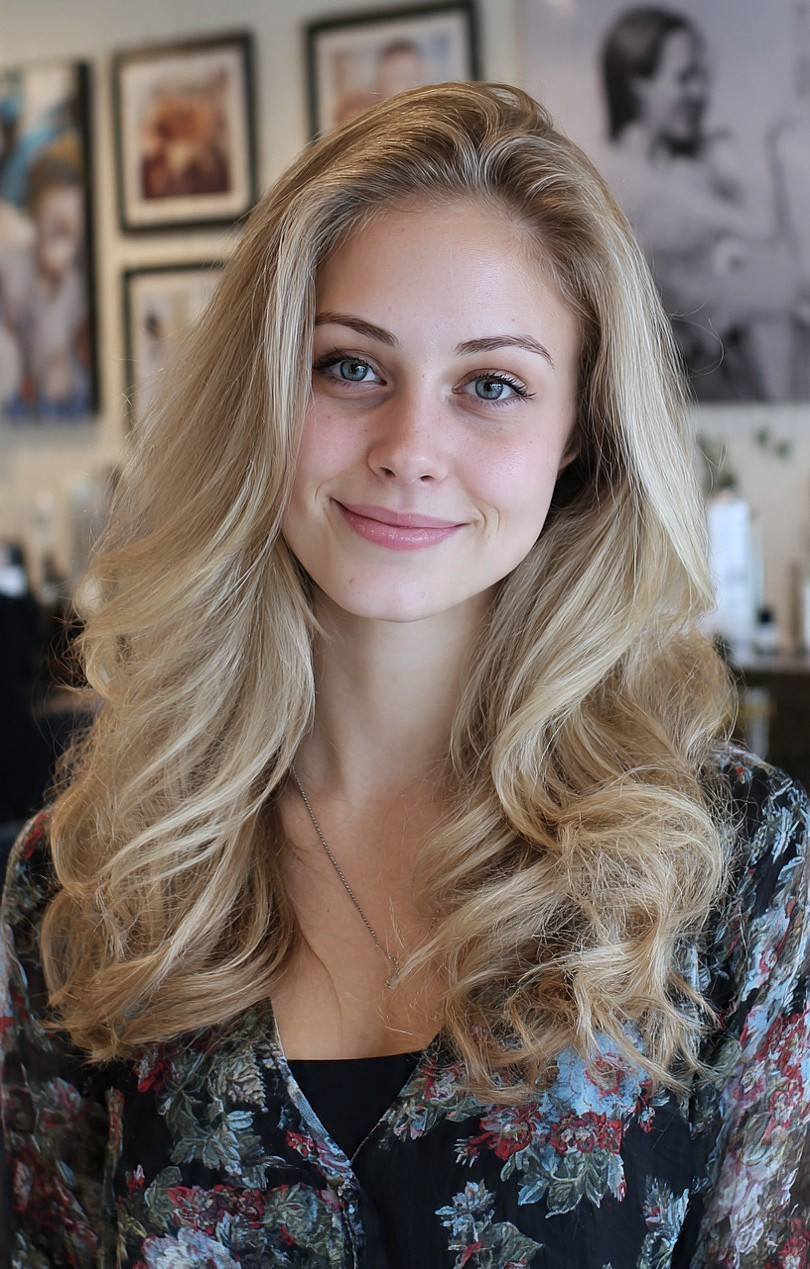 beautiful blonde hair woman smiling at Dallas hair salon