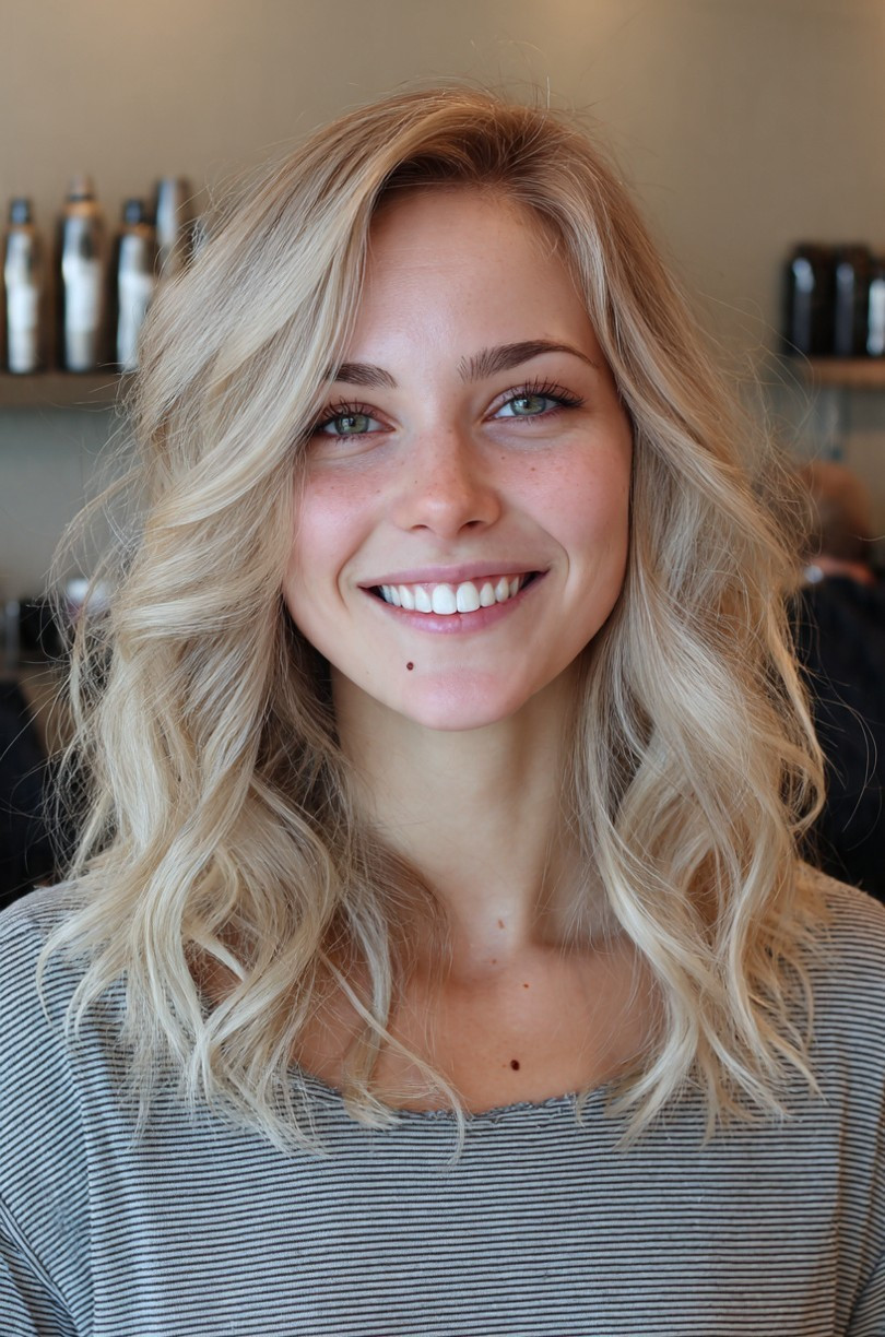 beautiful blonde hair woman smiling at Dallas hair salon