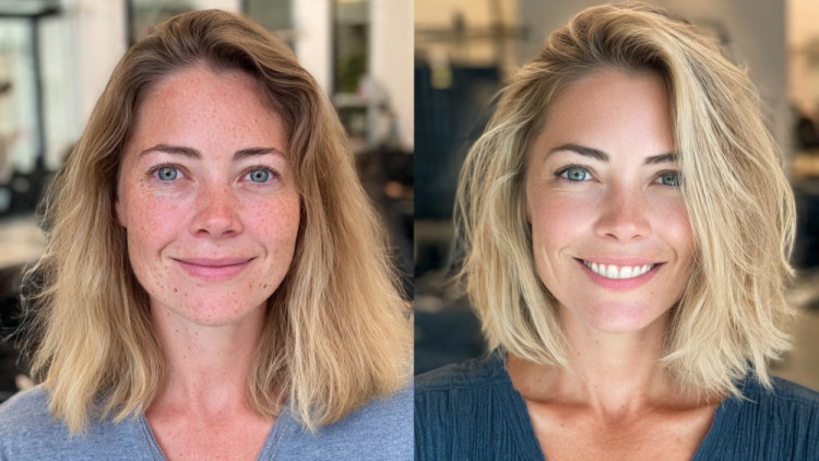 before and after blonde hair transformation at Dallas hair salon