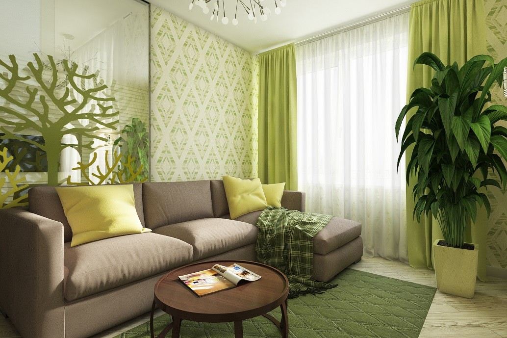 Дизайн интерьера гостиной комнаты, объединенной с кухней, в жилом доме RicheVille в г. Хабаровске